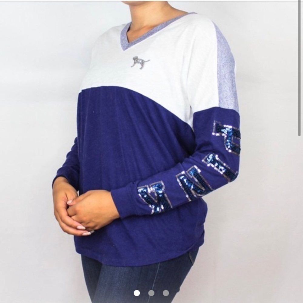 PINK Victoria’s Secret Blue & White Long Sleeve V-Neck T-Shirt Size Small